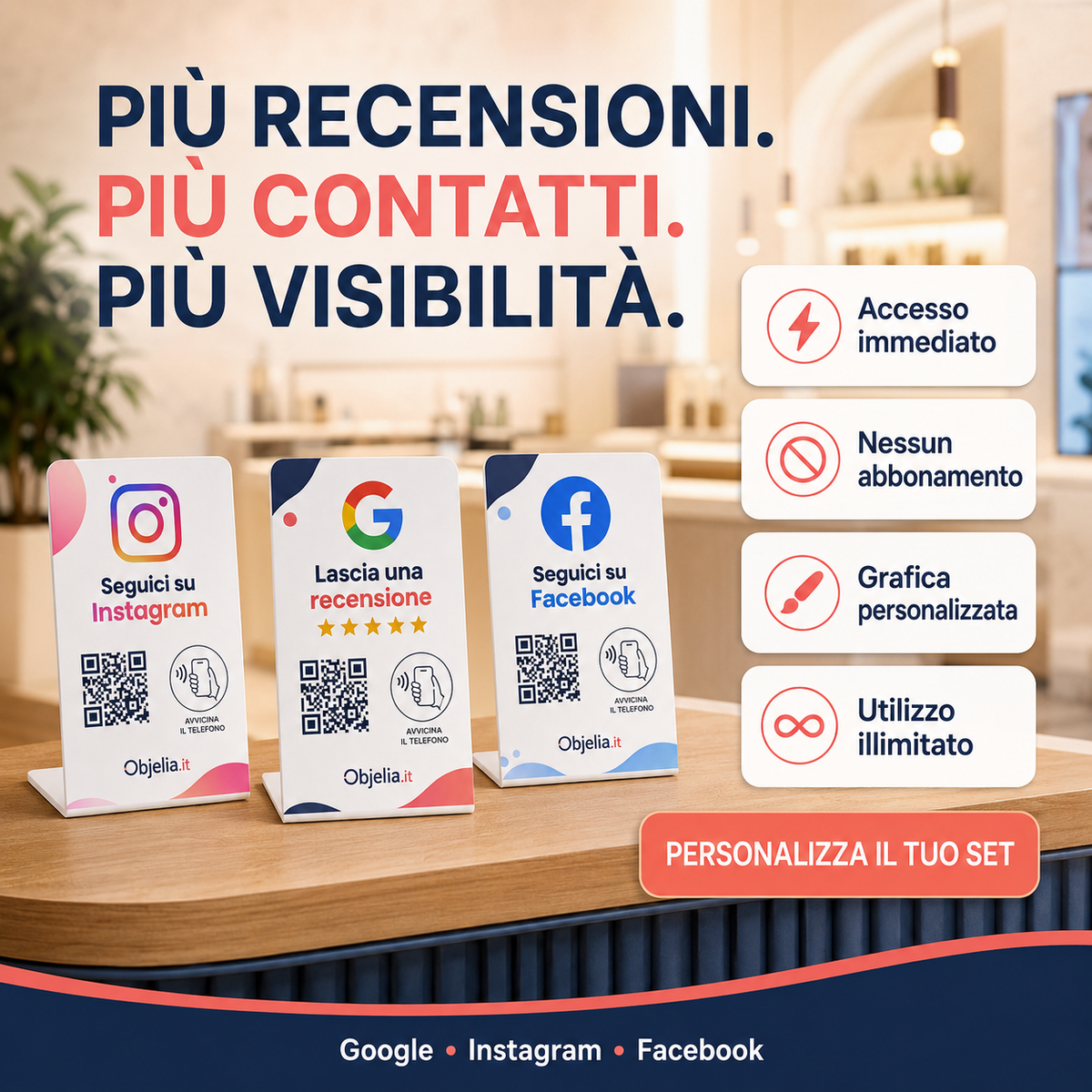 Stand NFC 3 in 1 personalizzato – Google, Instagram e Facebook