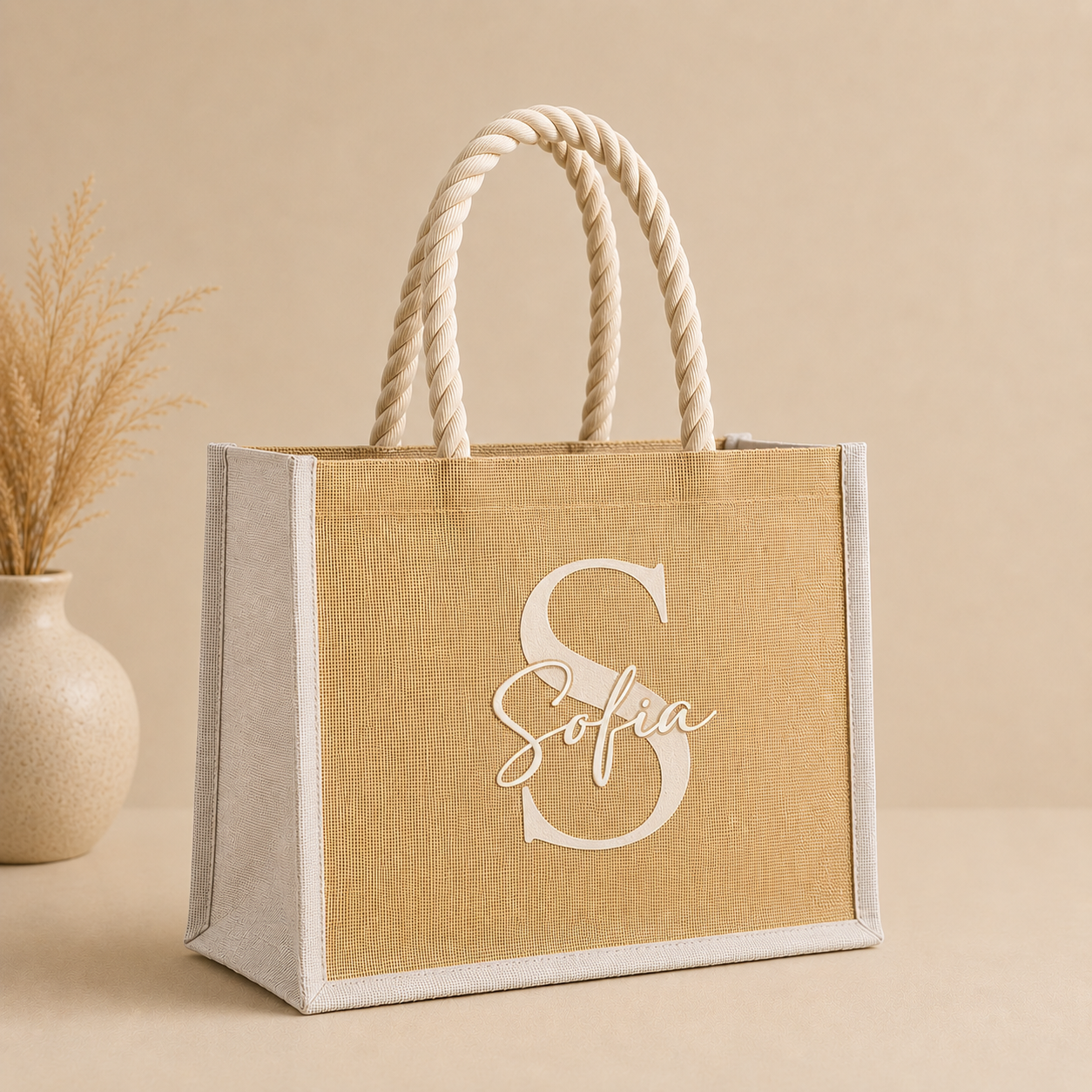 Borsa Mare Personalizzata in Juta con Nome e Iniziale – 40x30 cm