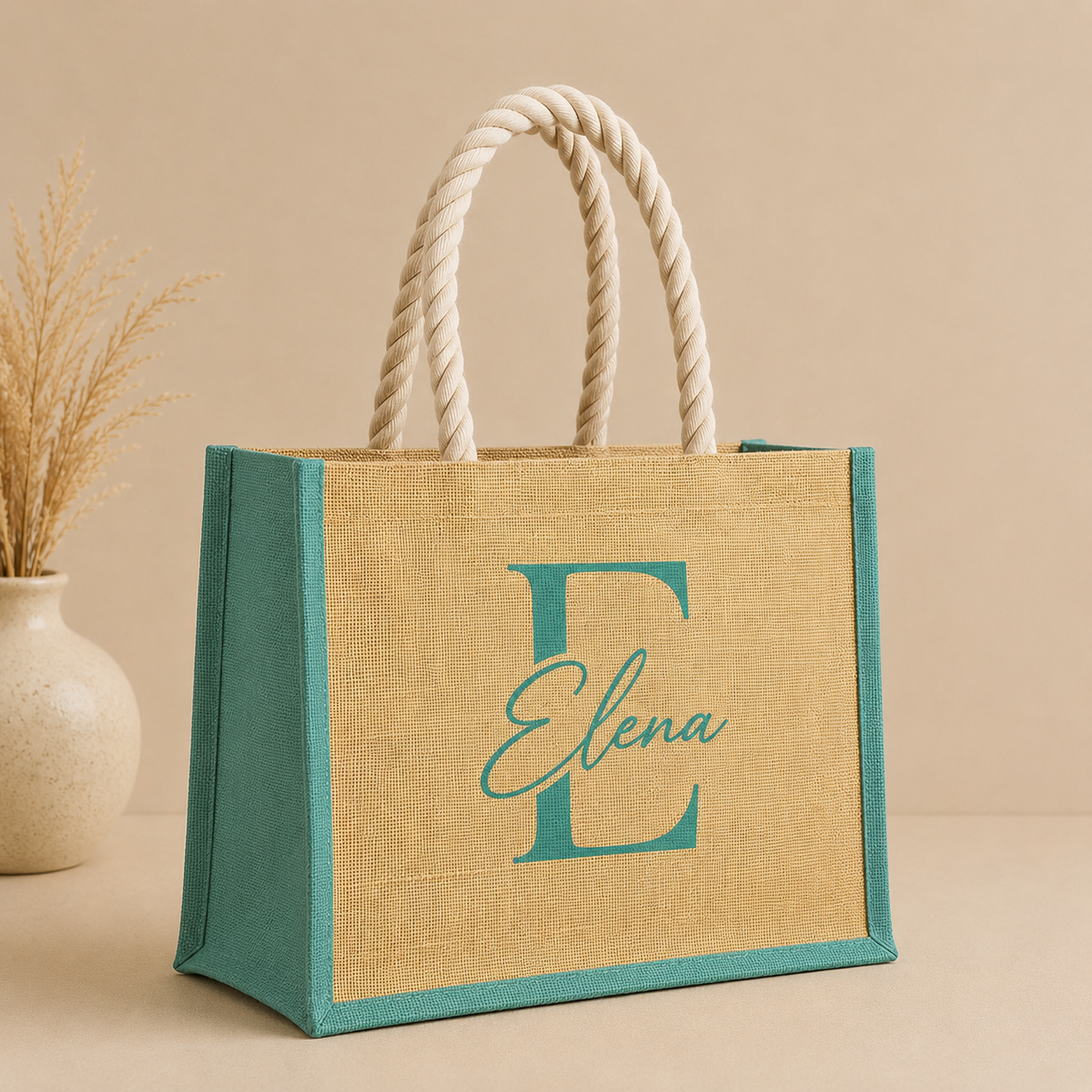 Borsa Mare Personalizzata in Juta con Nome e Iniziale – 40x30 cm