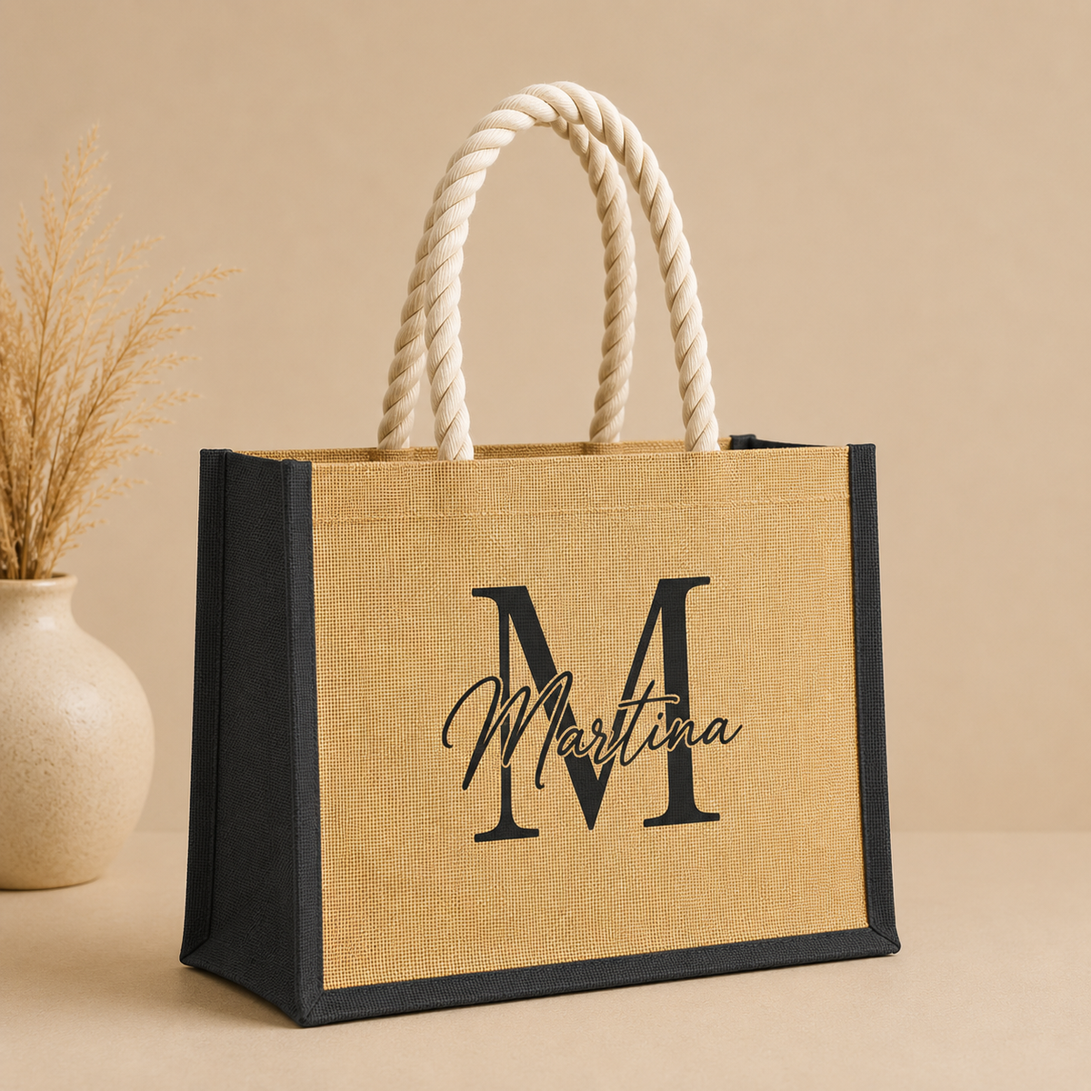 Borsa Mare Personalizzata in Juta con Nome e Iniziale – 40x30 cm