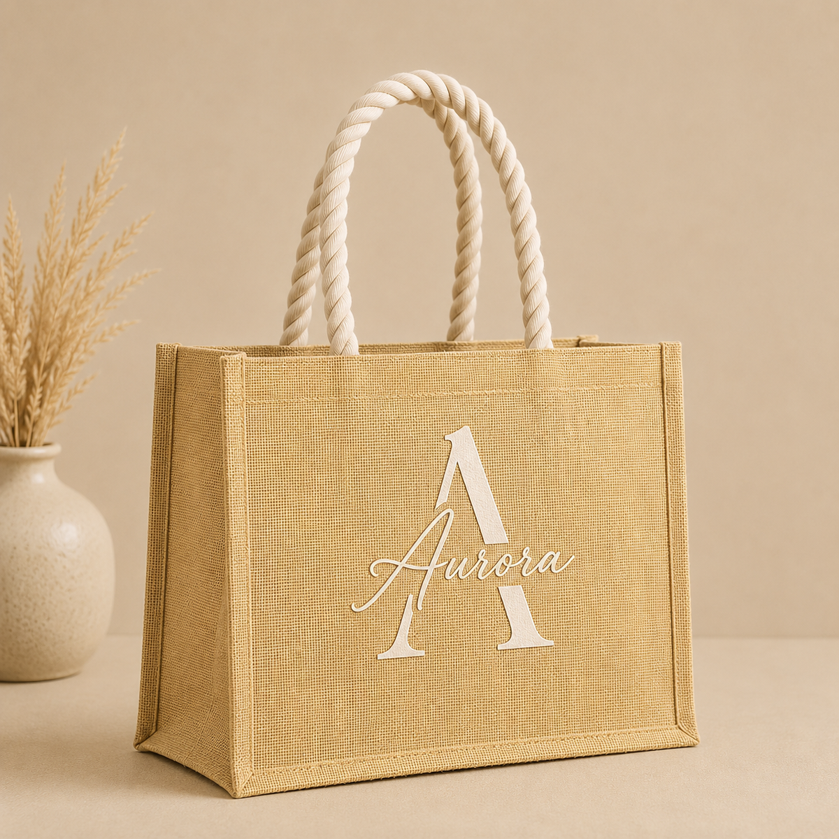 Borsa Mare Personalizzata in Juta con Nome e Iniziale – 40x30 cm