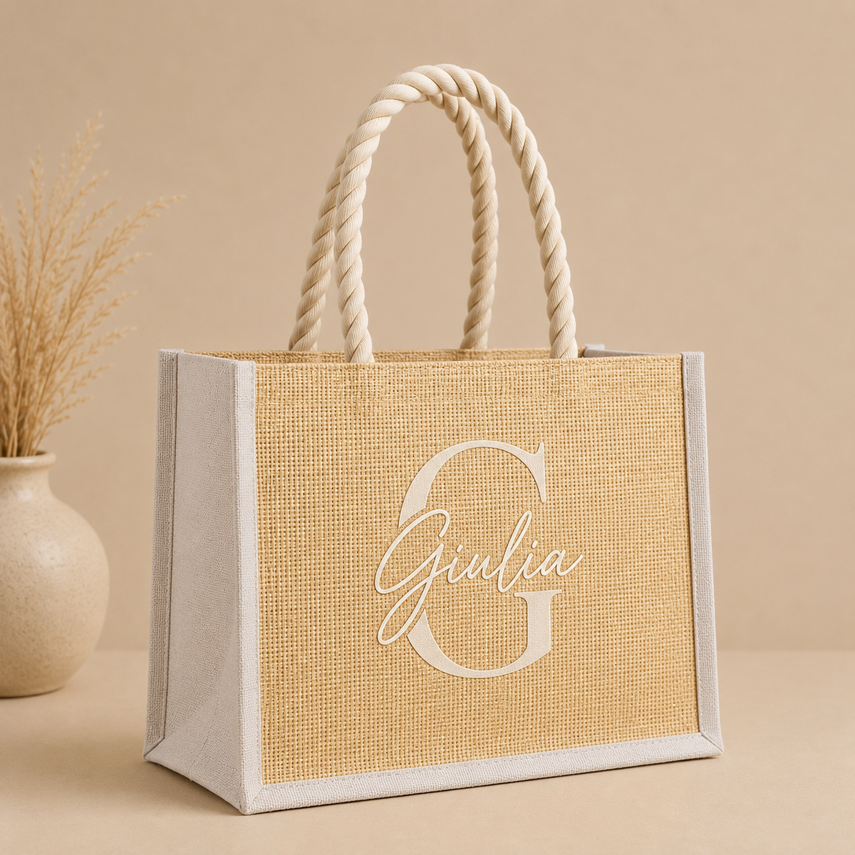 Borsa Mare Personalizzata in Juta con Nome e Iniziale – 40x30 cm