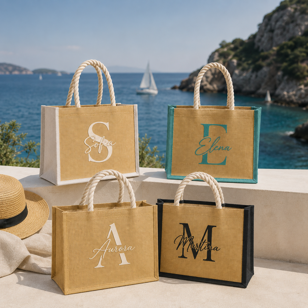 Borsa Mare Personalizzata in Juta con Nome e Iniziale – 40x30 cm