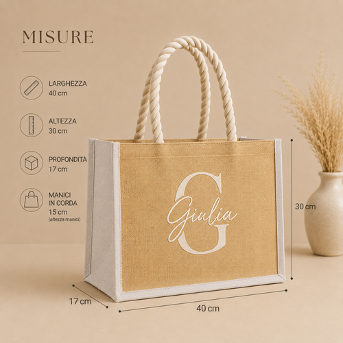 Borsa Mare Personalizzata in Juta con Nome e Iniziale – 40x30 cm